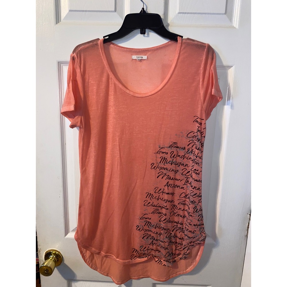 Maurices Womens Coral Pink US States Graphic Burnout Top Short Sleeve Medium